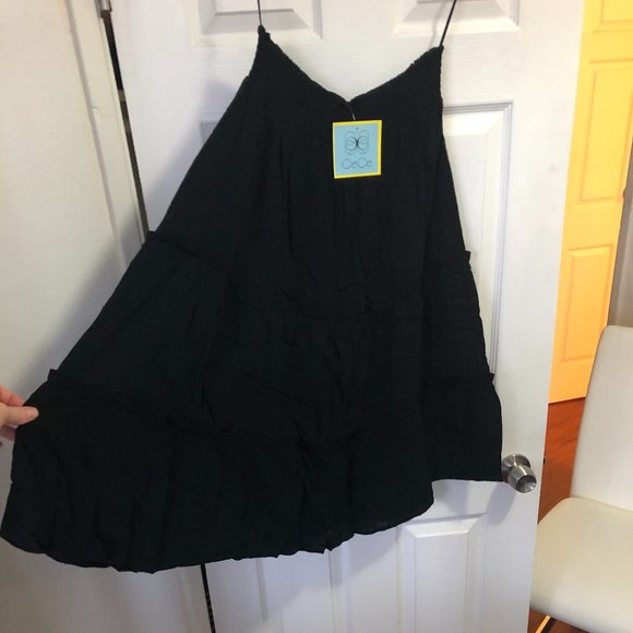 CeCe Smocked Waist Tiered High/Low Midi Skirt Black Large - Picture 5 of 9